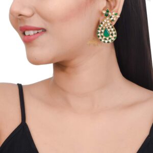 Gold tone paisley design silver earrings with green stone