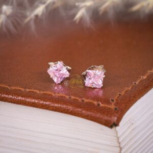 Baby pink cut stone silver stud in square shape